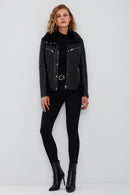 Vivien Women's Black Fur Collar Leather Jacket | Derimod