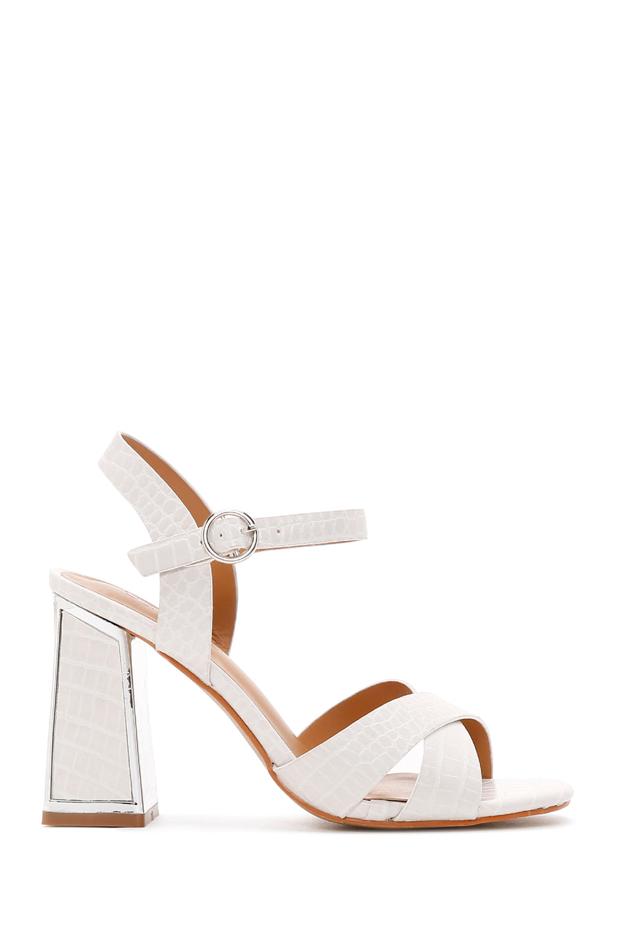 Women's White Ankle Strap Thick Heel Crocodile Sandals 25SFE4623E3 | Derimod