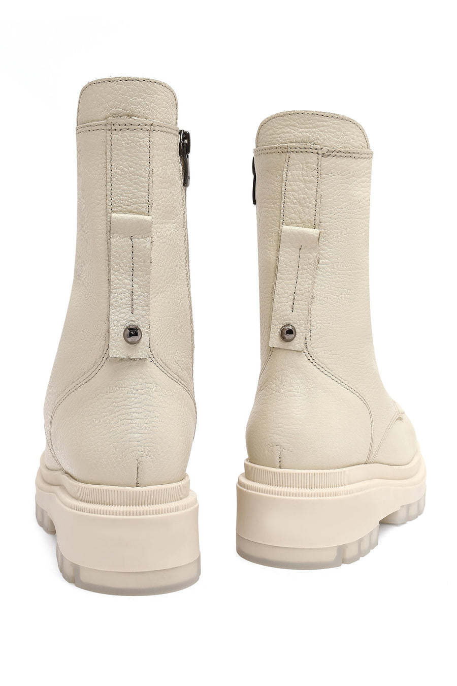 Woman Beige Zippered Thick Sole Leather Postal Boots