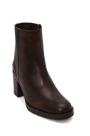 Woman Brown Zip Closure Chunky-Heeled Leather Boots | Derimod