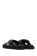 Men's Black Patterned Leather Slippers | Derimod