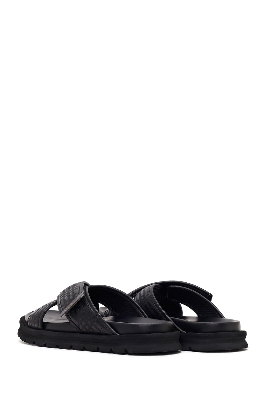 Men's Black Patterned Leather Slippers