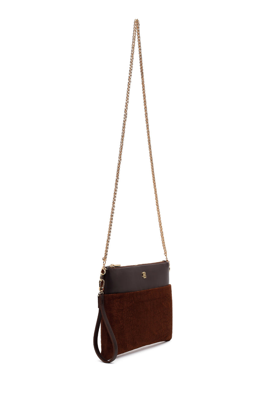 Woman Brown Suede Clutch Bag with Long Chain Strap