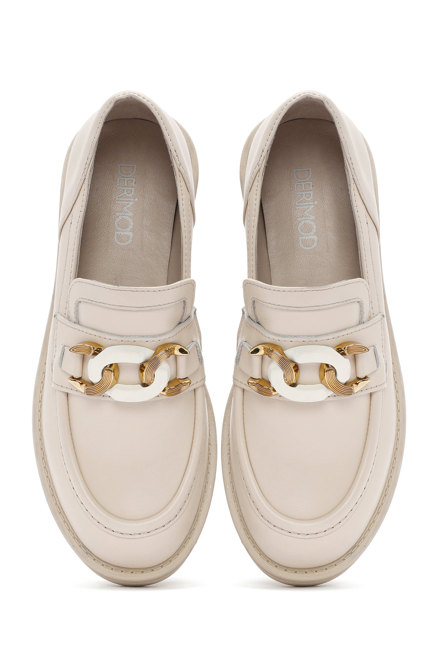 Women's Beige Buckle Detailed Leather Masculine Loafer