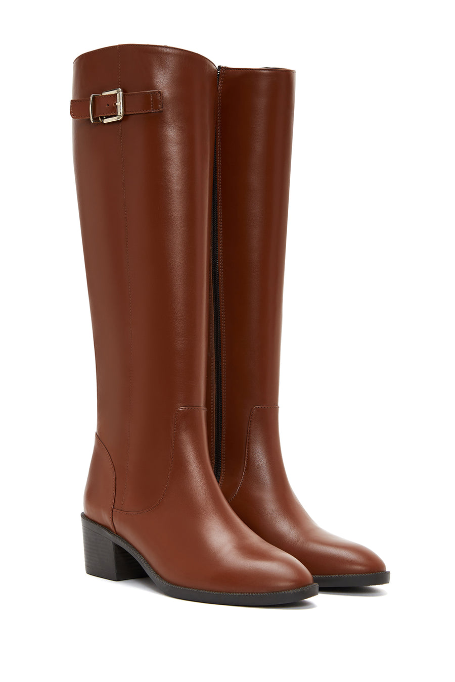 Women's Beige Leather Zippered Heeled Boots