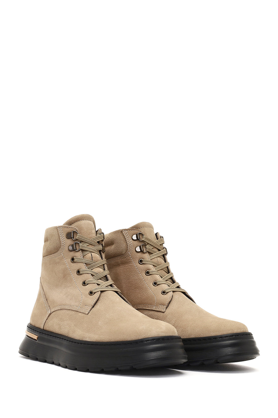 Men's Beige Lace-Up Thick-Soled Nubuck Leather Boots