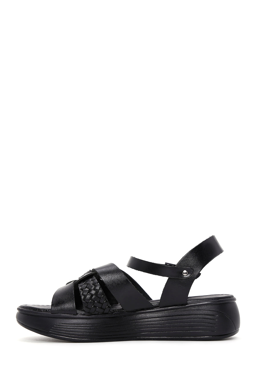 Women's Black Leather Thick-Sole Comfort Sandals