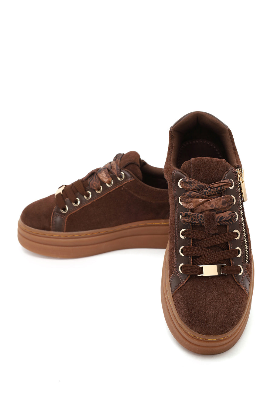 Kadın Kahverengi Bağcıklı Kalın Tabanlı Süet Deri Sneaker