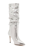 Women's Grey Thin Heel Metallic Leather Boots | Derimod