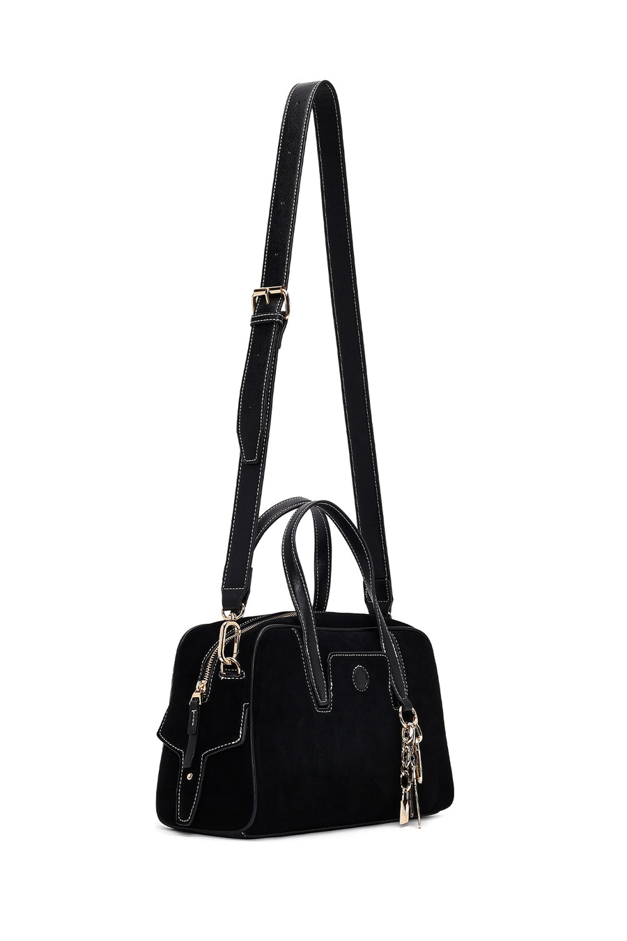 Woman Black Long-Strap Suede Shoulder Bag