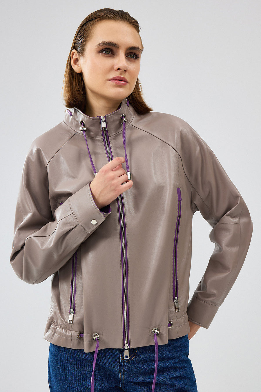 Terry Women's Grey Oversize Leather Jacket 24WGD5238U4 | Derimod