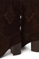 Woman Brown Thick-Heeled Patterned Suede Cowboy Boots | Derimod