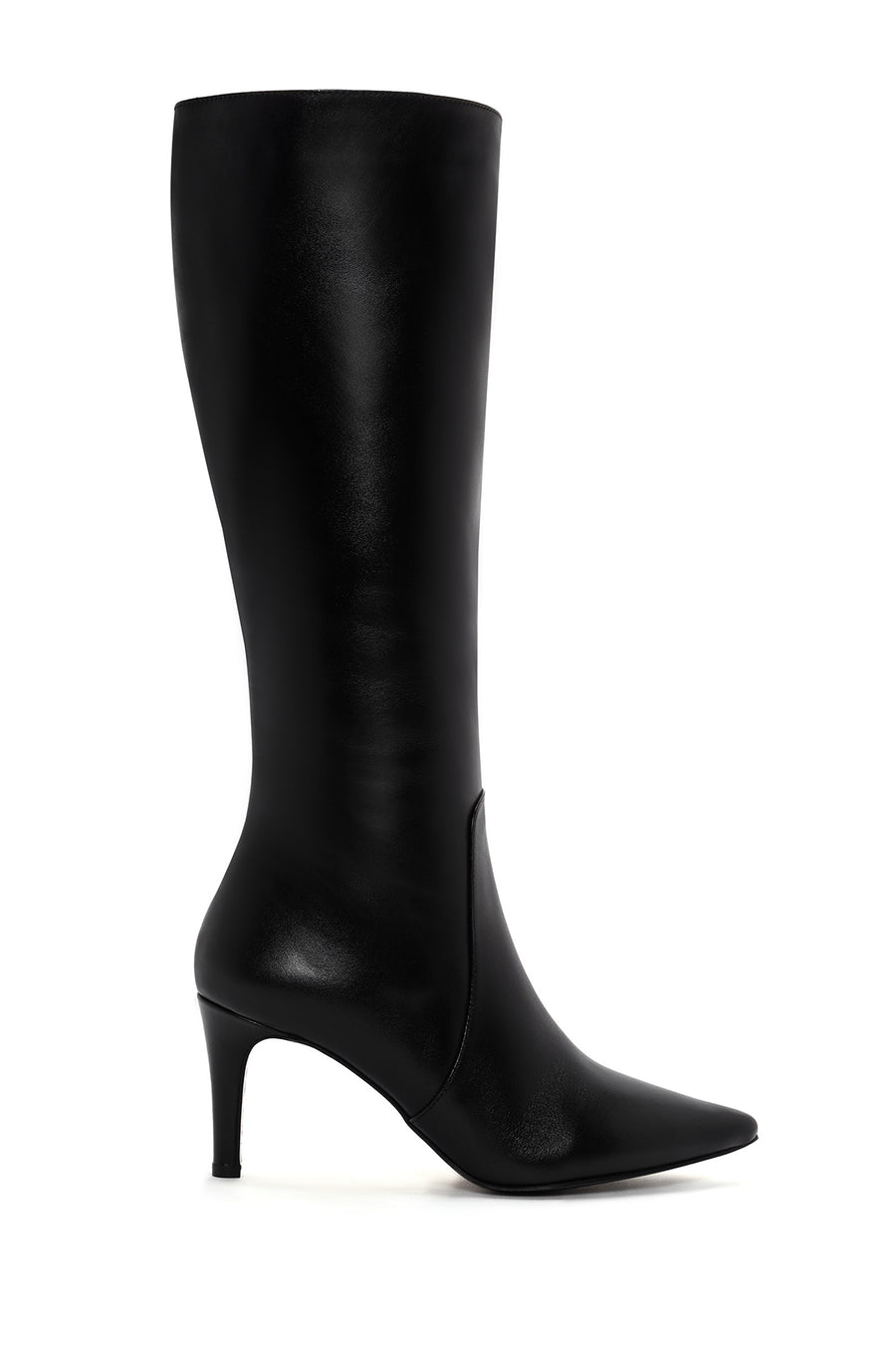 Women's Black Zippered Thin Heeled Leather Boots 23WFD164018 | Derimod