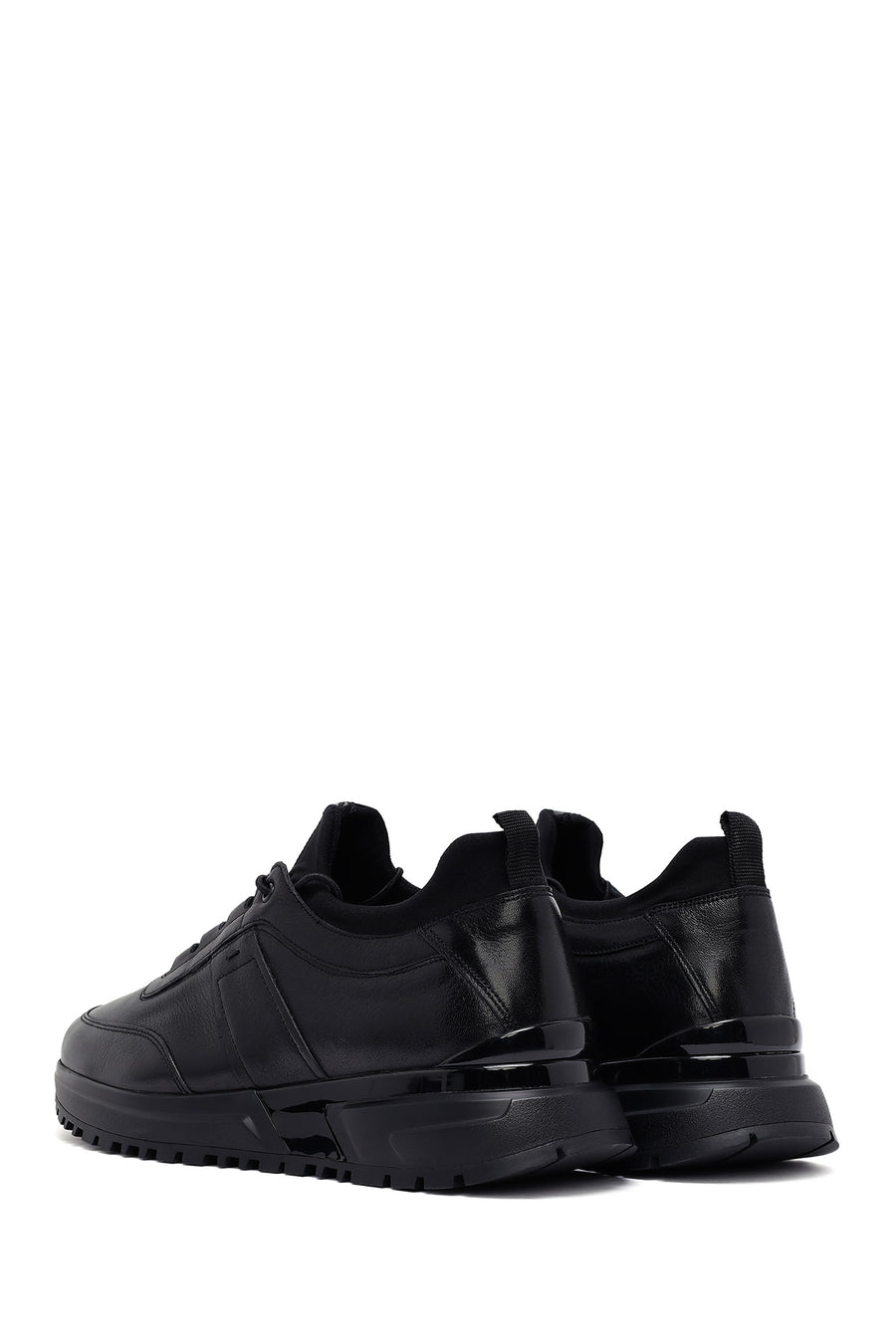 Men's Black Lace-Up Thick-Soled Leather Casual Sneakers