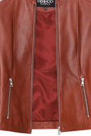 Irina Women's Tan Mandarin Collar Leather Jacket | Derimod