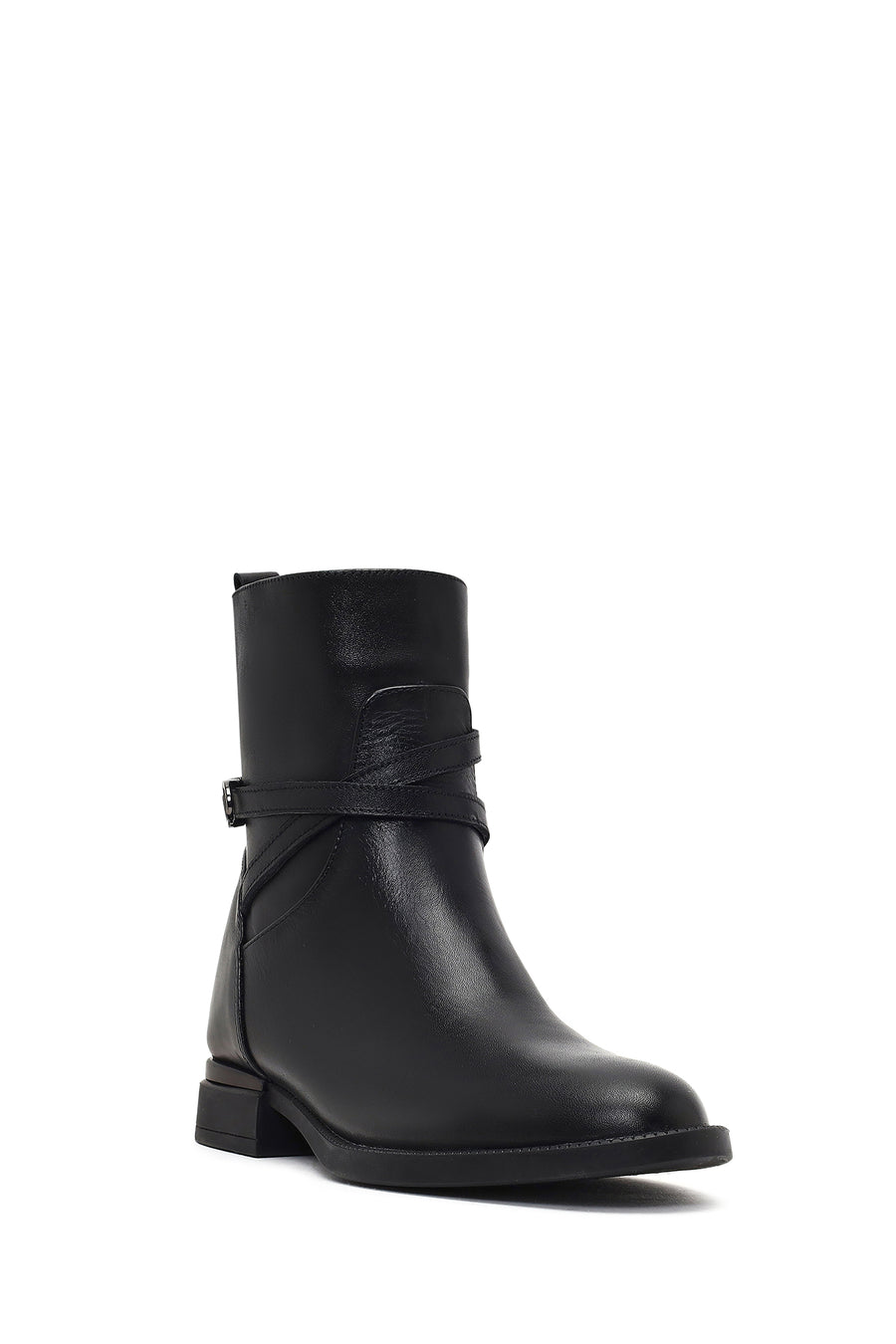 Woman Black Zip Closure Buckled Leather Boots