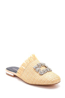 Women's Beige Straw Stone Flat Slippers | Derimod