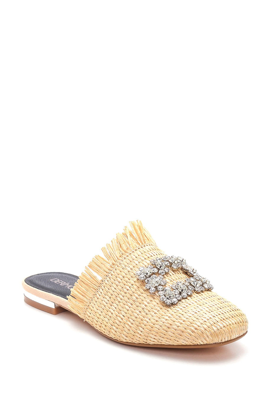 Women's Beige Straw Stone Flat Slippers