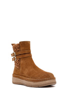 Woman Tan Zippered Suede Leather Teddy Bot | Derimod