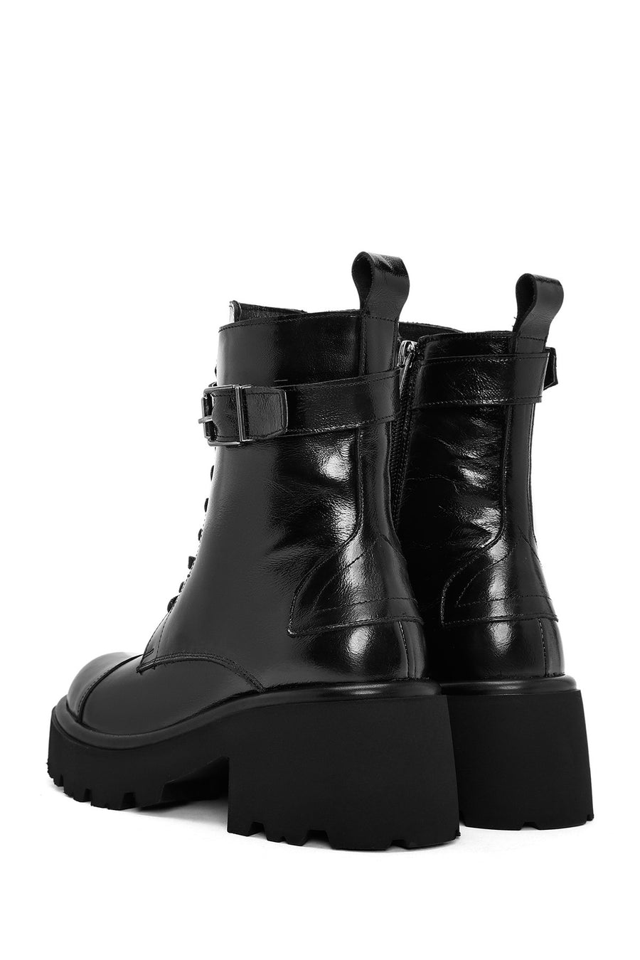Women's Black Lace-Up Zippered Thick-Soled Leather Boots