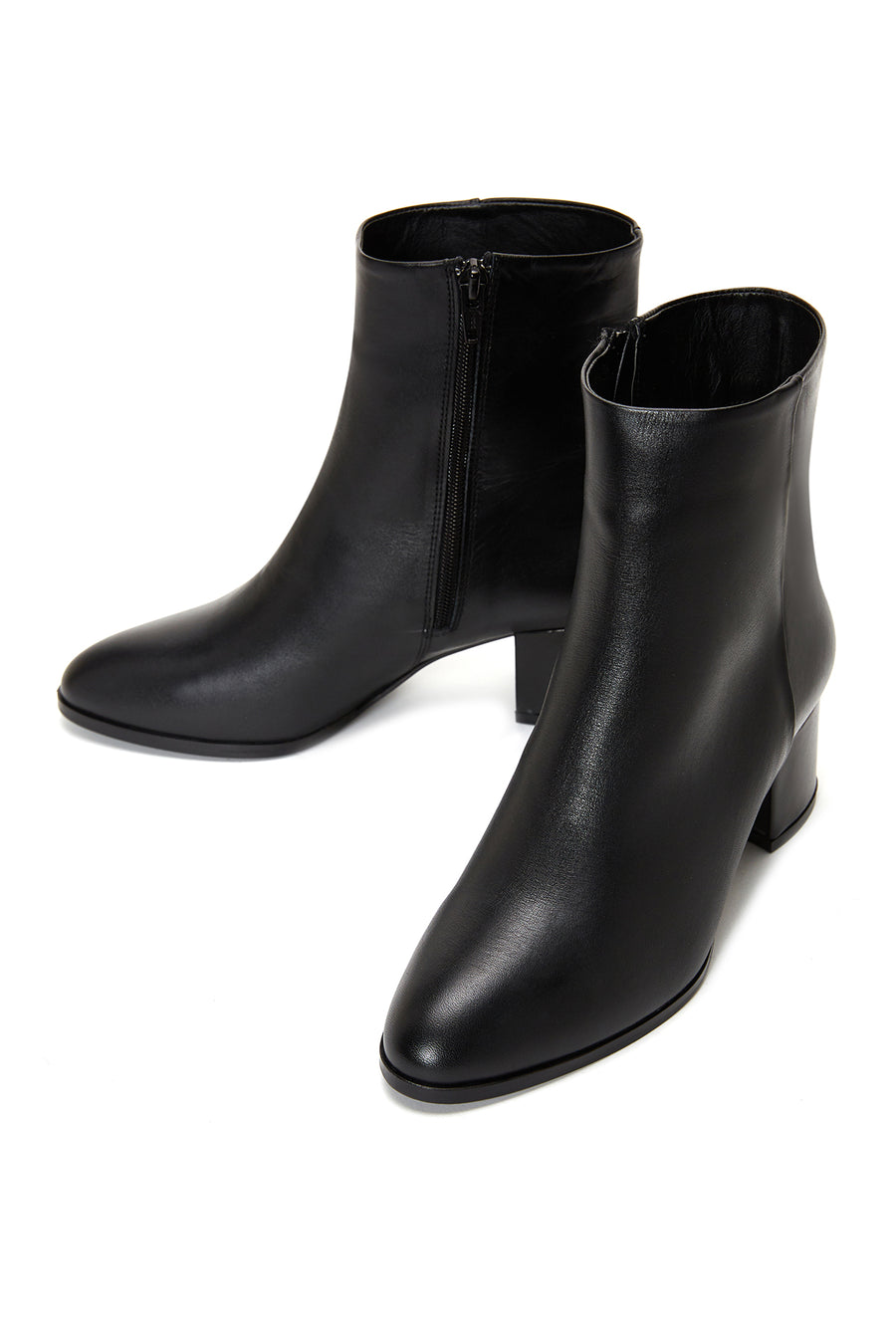 Women's Black Zippered Short Thick Heeled Leather Boots