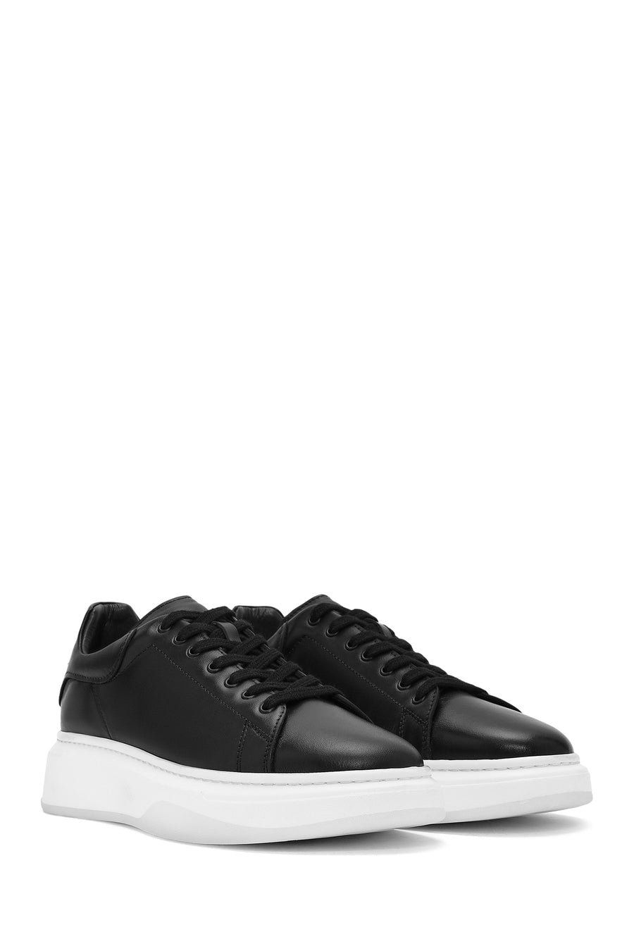 Male Black Lace-Up Thick-Soled Leather Sneaker