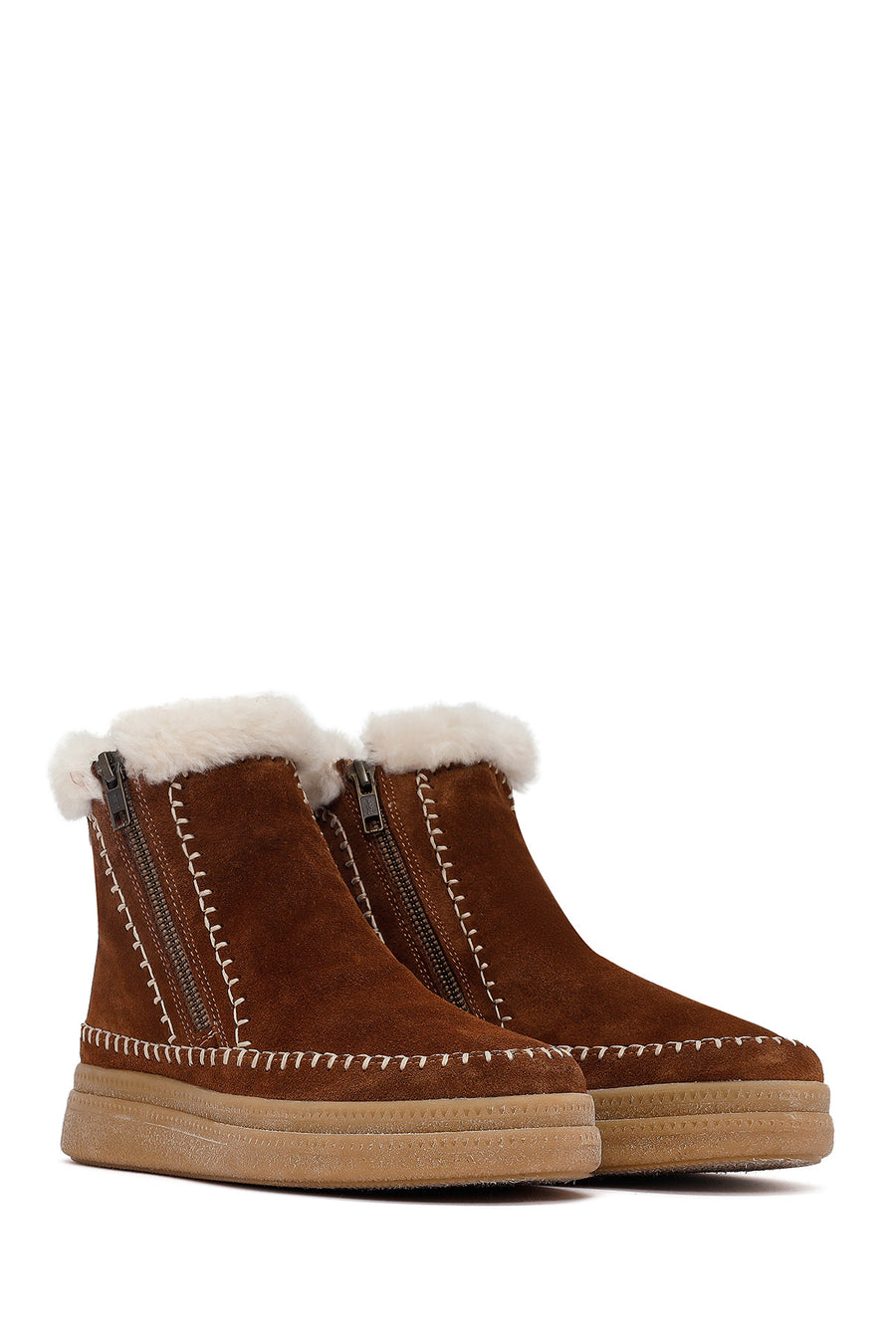 Woman Brown Zippered Thick-Soled Suede Leather Teddy Bot