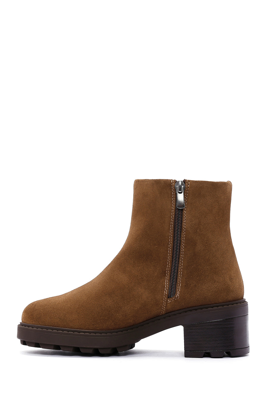 Women's Brown Zippered Thick Heel Suede Leather Boots