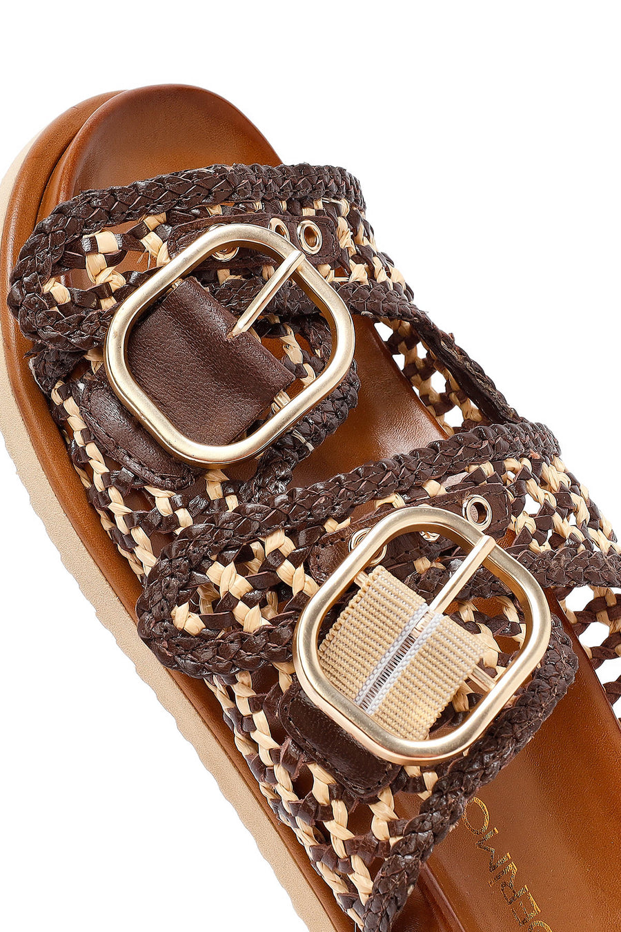 Women's Brown Double Buckled Straw Leather Slippers