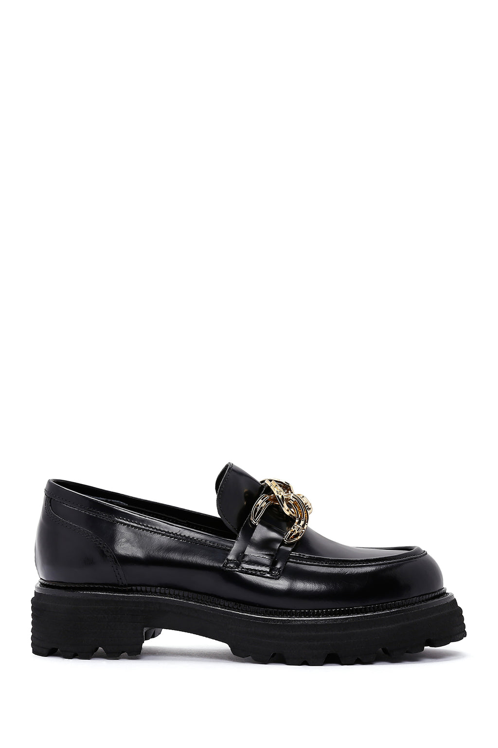 Kadın Siyah Zincir Detaylı Deri Maskülen Loafer