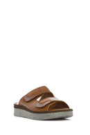 Women's Tan Double-Strap Leather Comfort Slippers | Derimod