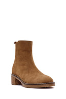 Woman Brown Zippered Chunky Heel Suede Leather Boat | Derimod