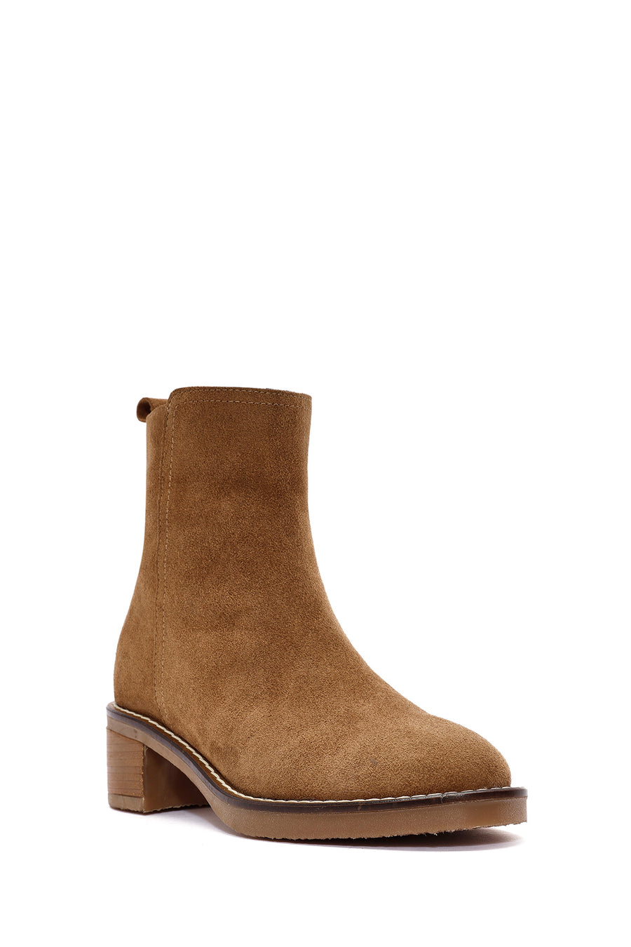 Woman Brown Zippered Chunky Heel Suede Leather Boat