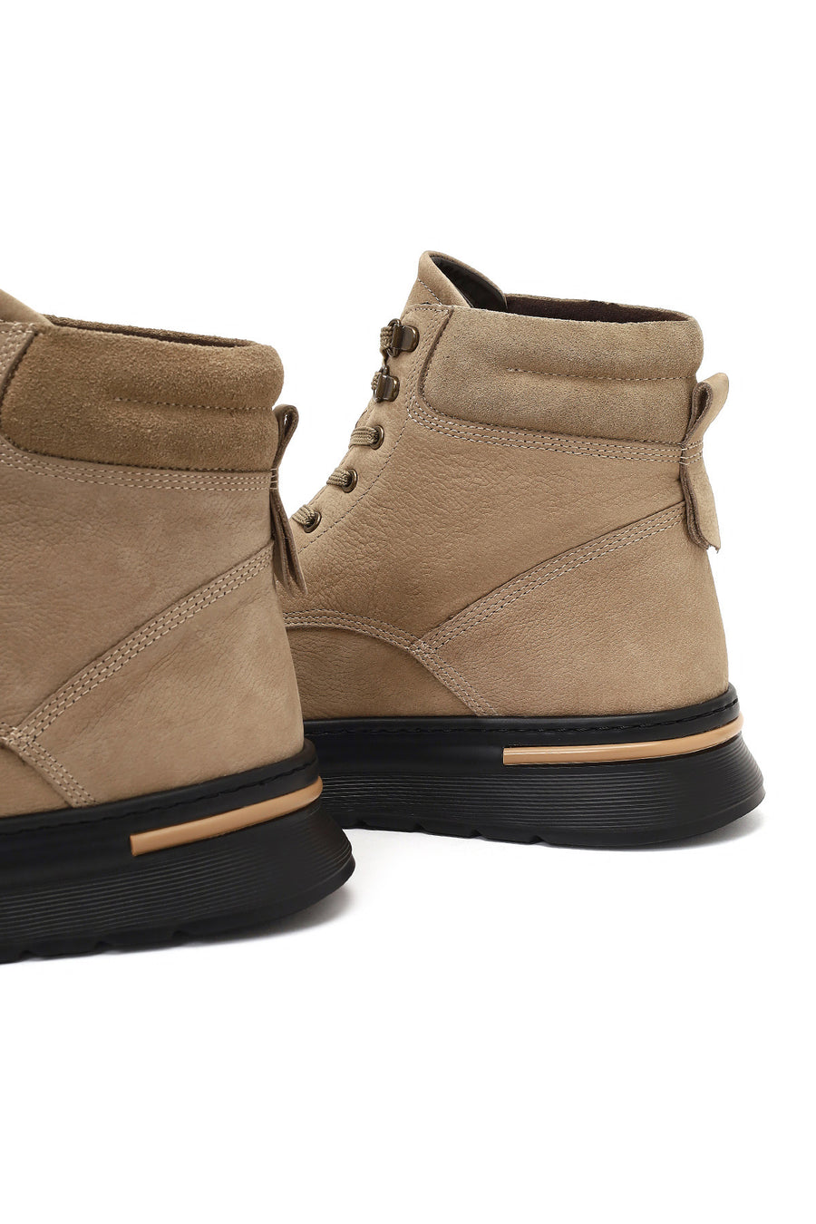 Men's Beige Lace-Up Thick-Soled Nubuck Leather Boots