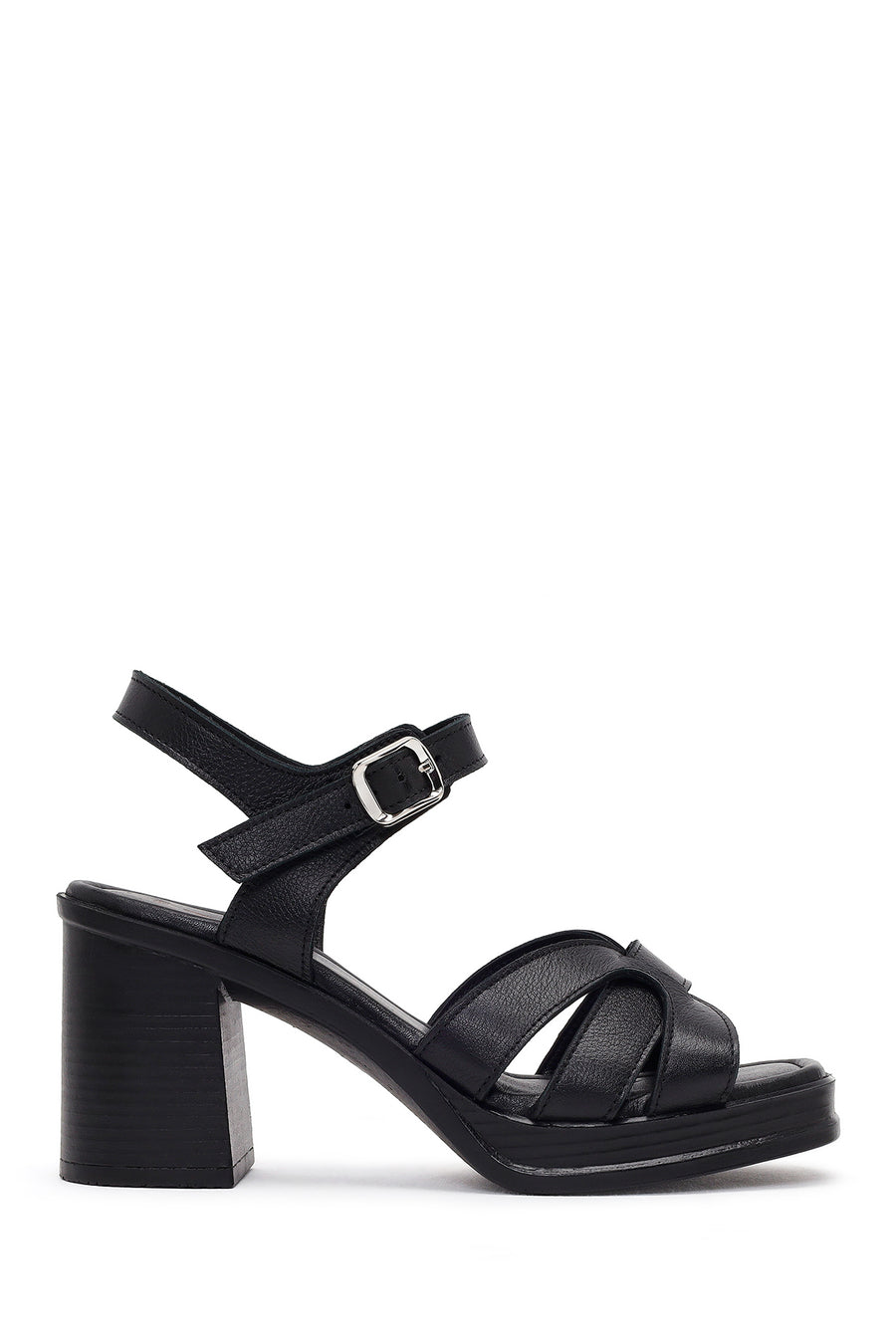 Women's Black Ankle Buckle Thick Heel Leather Sandals 26SFD132418 | Derimod