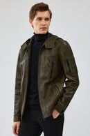 John Men's Green Hooded Leather Jacket | Derimod