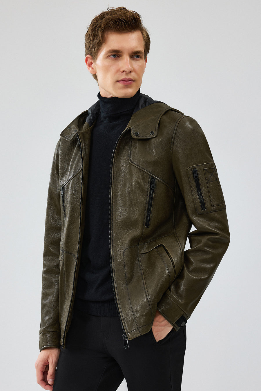 John Men's Green Hooded Leather Jacket