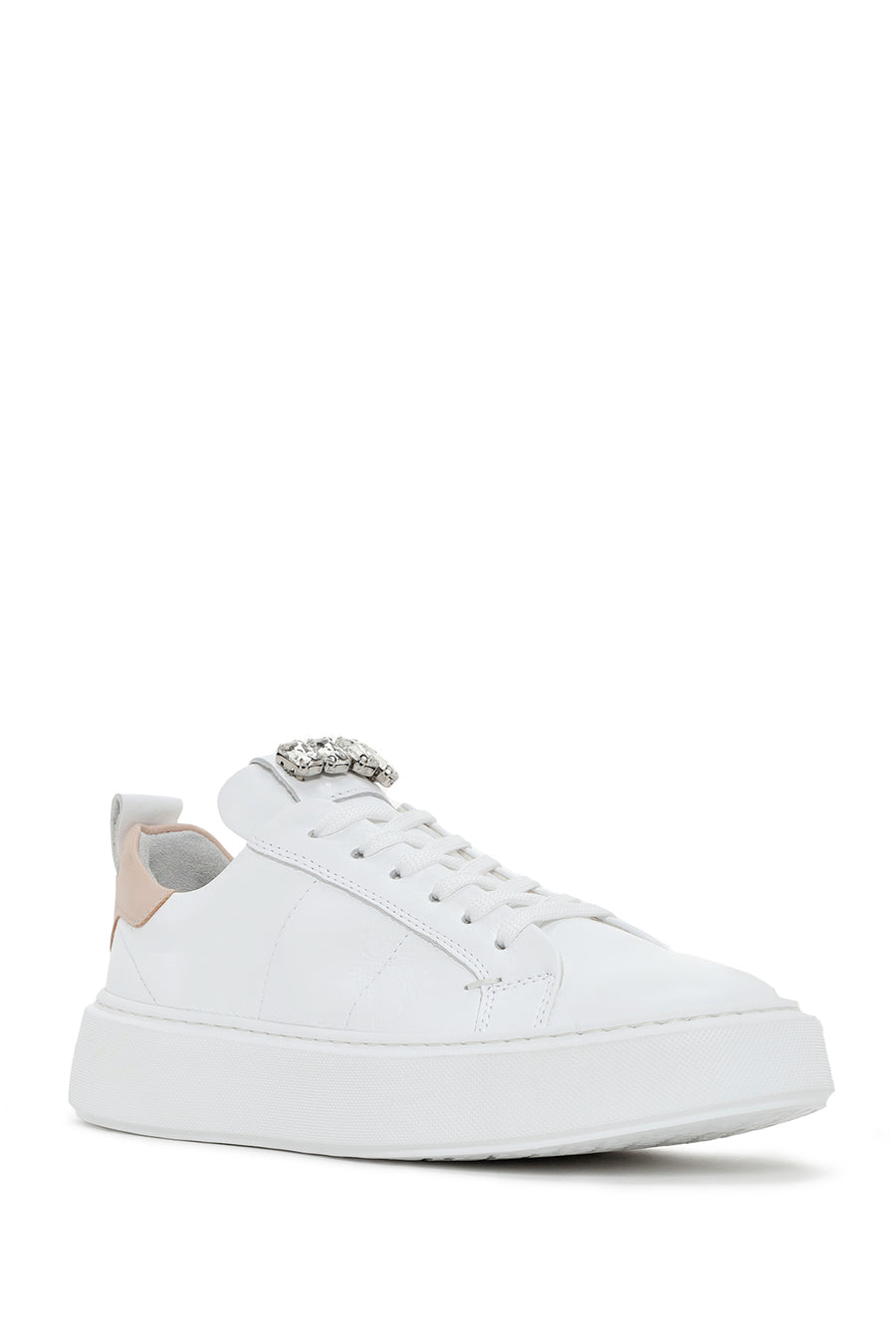 Women's White Laced Leather Sneaker with Accessory Detail