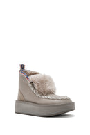 Women's Grey Thick-Soled Fur-Lined Leather Boots | Derimod