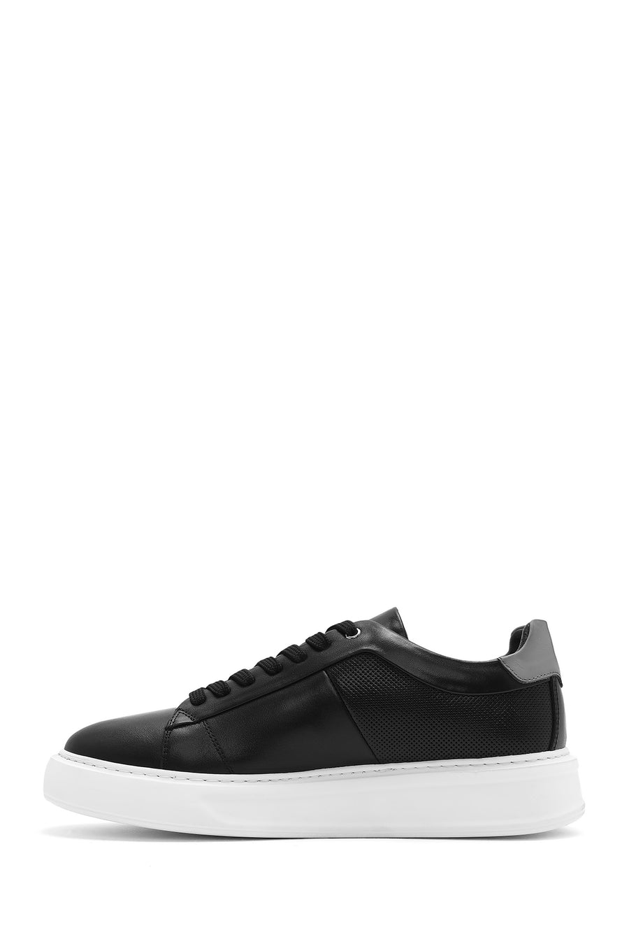 Erkek Siyah Bağcıklı Kalın Tabanlı Deri Sneaker