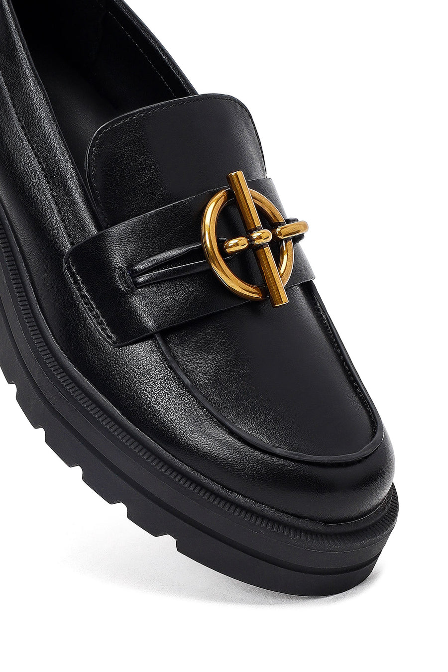 Women's Black Buckled Thick-Soled Masculine Loafer
