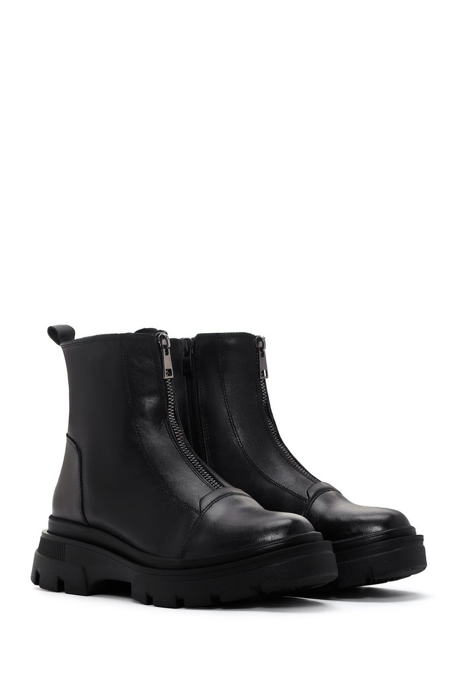 Women's Black Thick Soled Zippered Leather Comfort Boots