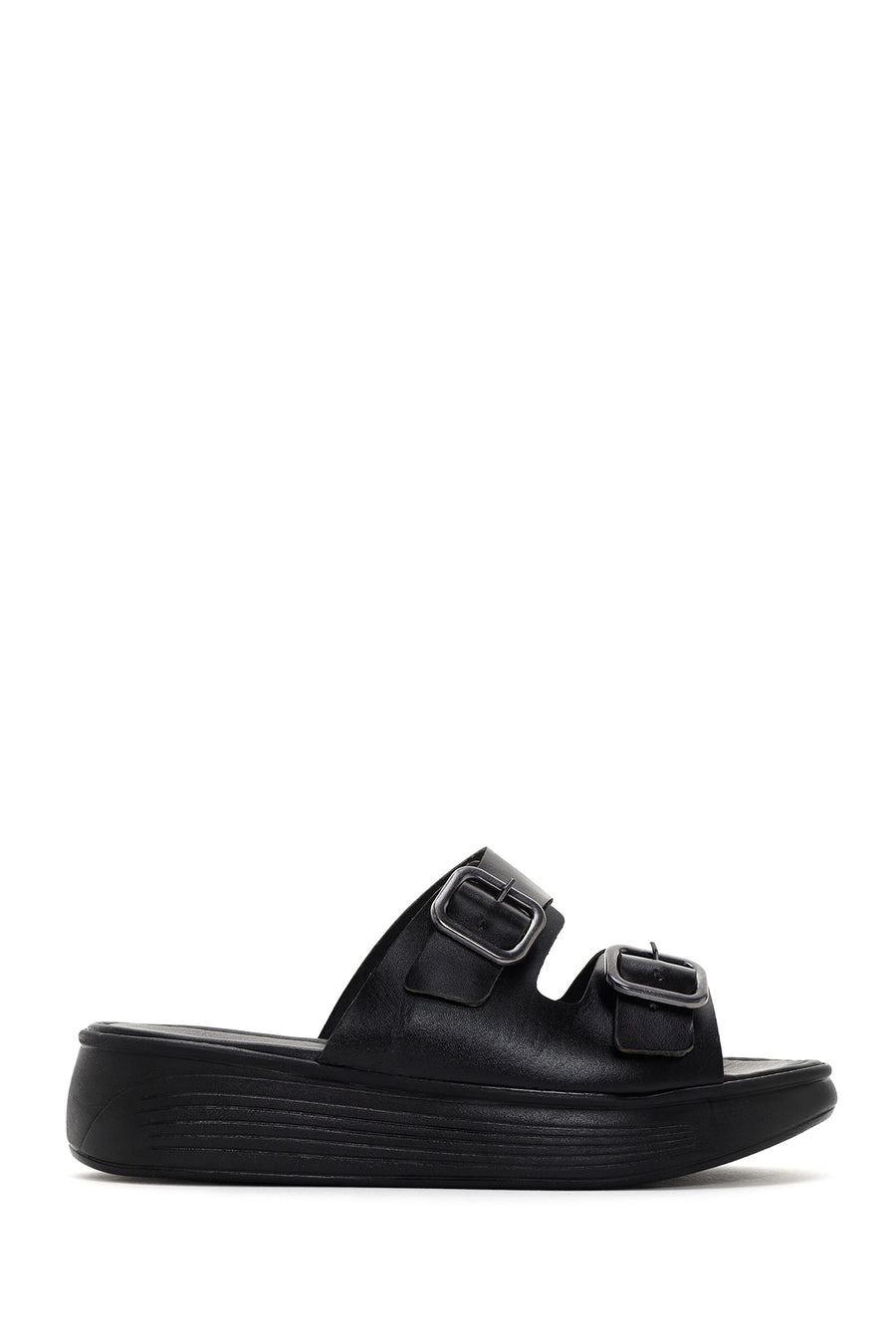 Women's Black Thick Sole Buckle Leather Slippers 24SFD332418 | Derimod