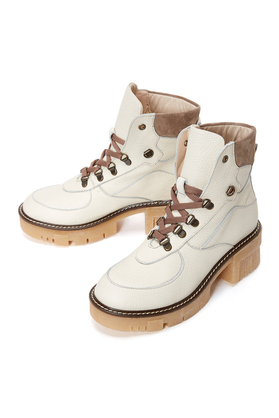 Women's Beige Leather Lace-up Boots