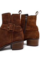 Women's Tan Zippered Short Heel Suede Leather Boot | Derimod