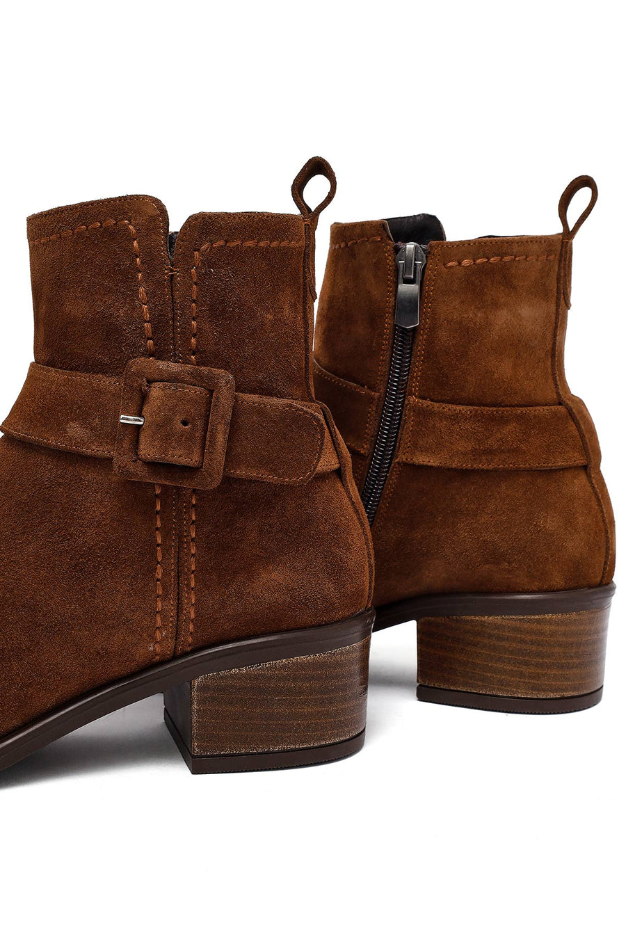 Women's Tan Zippered Short Heel Suede Leather Boot
