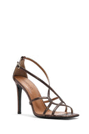 Women's Bronze Ankle Strap Patterned High Thin Heel Leather Shoes | Derimod