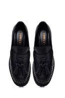Woman Black Tassel Chunky Heeled Leather Loafer | Derimod