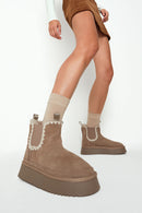 Woman Mink Thick-Soled Patterned Suede Teddy Boots | Derimod