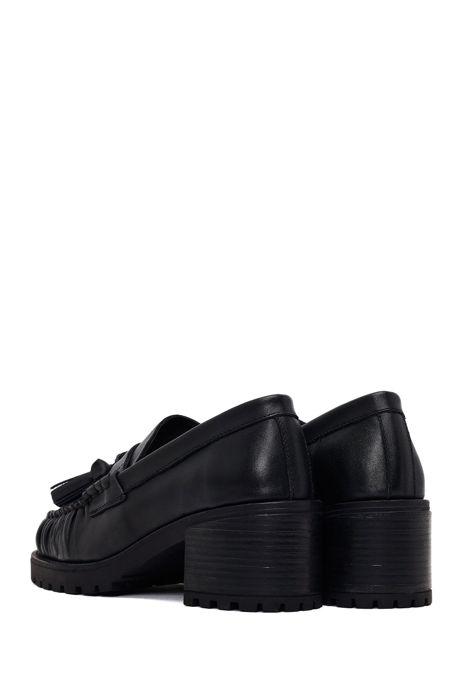 Woman Black Tassel Chunky Heeled Leather Loafer